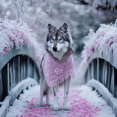 A wolfdog wearing a soft pink rose embroidered cardigan, standing on an Arctic bridge
