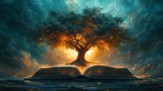 Tree of Life Growing from Open Book in Surreal Landscape with Sunset Glow