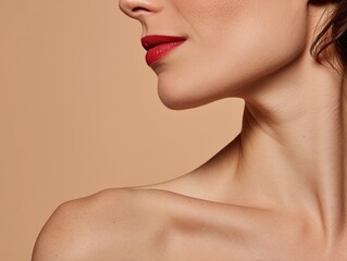 Close-up of the model's shoulder and neck area, creating an elegant look, is suitable for high-resolution advertisements for luxury beauty products with reproduction space and an emphasis on quality.