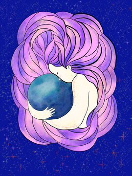 abstract blue background with water drops and Woman with purple hair, hugging the planet
