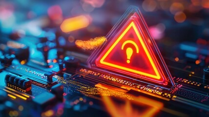 A glowing warning sign on a circuit board, symbolizing alertness and potential issues in technology.