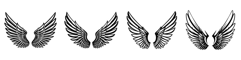 Obraz premium Wings icons. Black icons of various stylized wings isolated on white background. Vector illustration