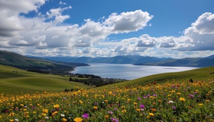 Scenic Mountain Lake with Wildflower Meadow
