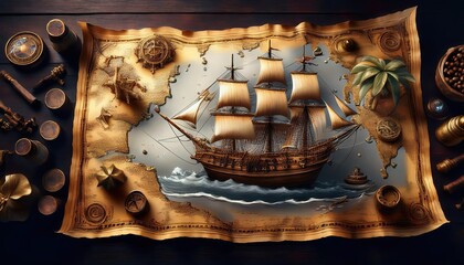 Discovering treasures on a vintage pirate map with a stunning ship sailing through blue waters and surrounded by intricate nautical details