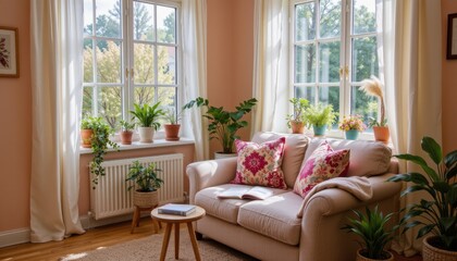 Fototapeta premium Cozy Living Room with Plants and Natural Light