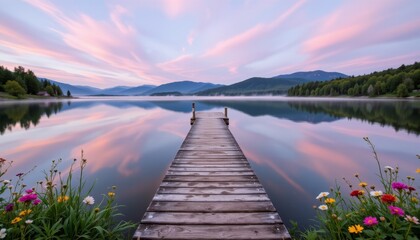 Fototapeta premium Serene Lake at Dawn with Wooden Pier