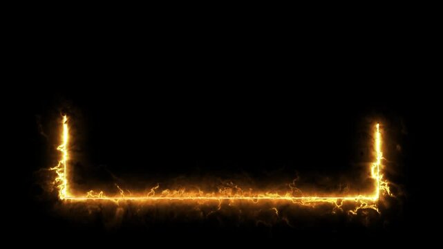 Neon fire rectangle frame animation on black background. rectangular frame made of two moving golden fire lights overlay. Rectangle photo frame with fire motion graphic.