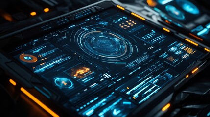 Close up of a futuristic screen with complex blue and orange interface elements displayed clearly