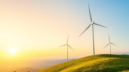 Wind turbines turning on green hill at sunrise, clean energy landscape