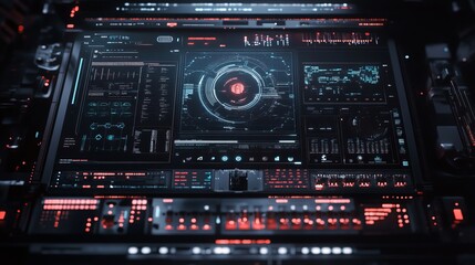 Futuristic control panel with complex interfaces and red accents displaying data and information