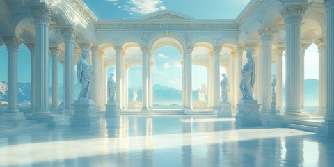 Fototapeta premium Interior Design with Ancient Greek Statues in a Neoclassical Style with Columns and Pastel Background