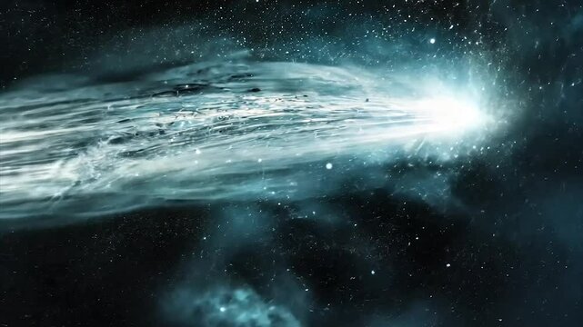 Celestial stream, bright core, cosmic dust, distant planet