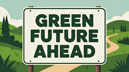 A hopeful road ahead, promising a green future, depicted on a vintage-style signpost against a backdrop of idyllic rolling hills and lush greenery.