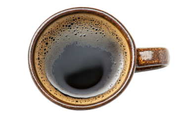 Aromatic dark coffee in a rustic mug top view rich crema earthy tones isolated on transparent background