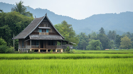 Obraz premium charming wooden Thai village house with steep roof in lush green fields