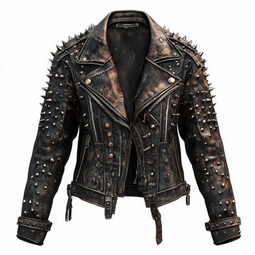Black leather jacket with spikes and buckles on a white