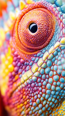 Naklejka premium Extreme close-up of colorful chameleon eye with detailed skin texture and vibrant scales background