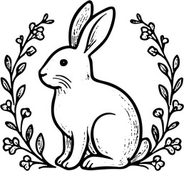 Easter bunny  with decorations black and white illustration, vector file © Riszczel