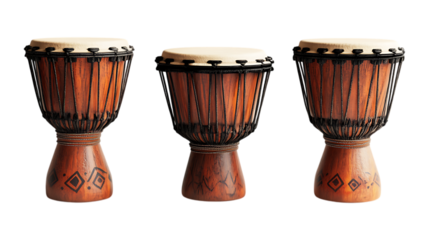 Pack of Djembe Drum set of Three Different Poses set Against Transparent Background for Music Promotion, Cultural Events, or Instrument Branding Projects