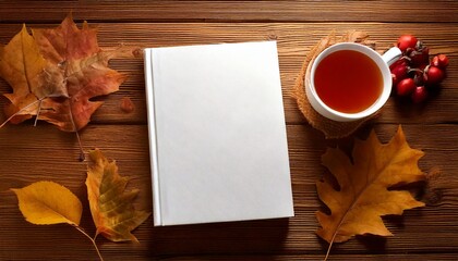 Blank white hardback book cover mockup design on a wooden table with autumn leaves and a mug of tea, cosy reading aesthetic 