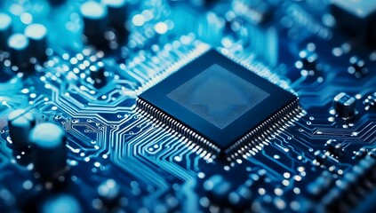 Close up of a microchip on a blue circuit board.