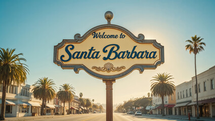 Naklejka premium Sign saying Welcome to Santa Barbara, with the city in the background 