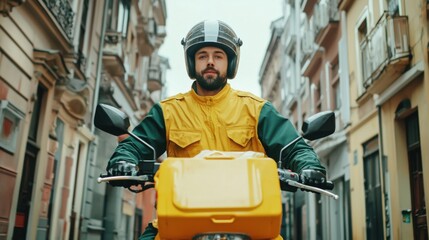 Fototapeta premium Motorbike delivery man wearing greeen uniform and ready to send food. Delivering Food. Delivery beautiful man of take away with isothermal food yellow case box driving find home. Express food delivery