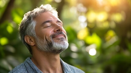 middle aged man enjoying deep breathing exercise in nature showing wellness peaceful emotion and connection to healthy outdoor living