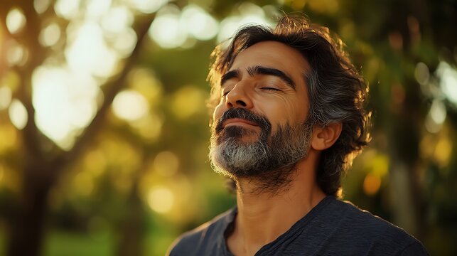 middle aged man enjoying deep breathing exercise in nature showing wellness peaceful emotion and connection to healthy outdoor living