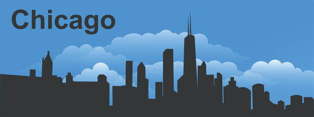 Obraz premium Black silhouette of the city of Chicago against a blue sky with clouds