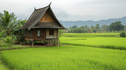 Obraz premium charming wooden Thai village house with steep roof stands amid lush green rice fields