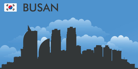 Black silhouette of the city of Busan, Korea on the background of blue sky and big blue clouds. Vector flag of the country and text with the name of the city
