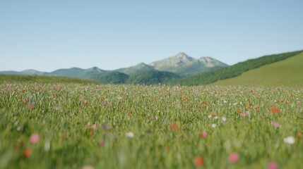 Obraz premium Colorful wildflowers carpet a grassy meadow stretching towards distant mountains