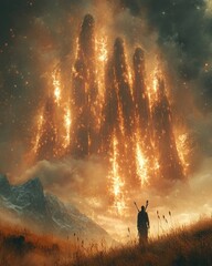 A Giant Hand Defending Against Spiritual Enemies in a Mystical Landscape