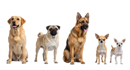 A group of five dogs of different breeds sitting next to each other