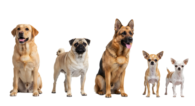 A group of five dogs of different breeds sitting next to each other