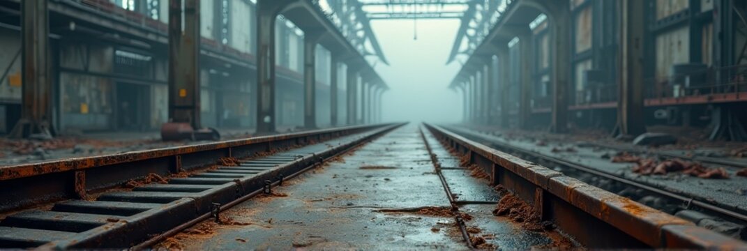 Abandoned industrial warehouse with rusty railway tracks and atmospheric fog