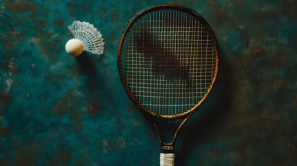 Vintage Badminton Racket and Shuttlecock on Teal Surface. Possible use Sports background