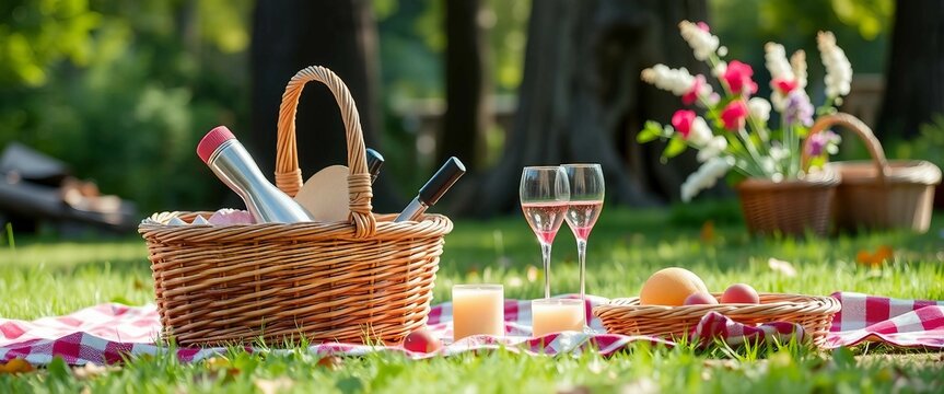 Romantisches Picknick im Gr&uuml;nen mit Weinkorb, Gl&auml;sern und Fr&uuml;chten auf karierter Decke.