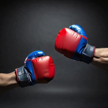 Red boxing gloves and blue boxing gloves touch each other
