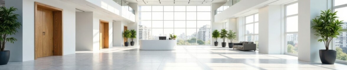 High ceiling and white walls in a bright office lobby space, lobby, open, white walls