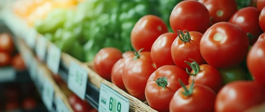 Ripe veggies on store racks with a blurred food sales background