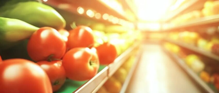 Ripe veggies on store racks with a blurred food sales background