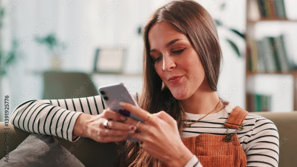 Poster smile, woman and texting with phone at house for communication, social media and reading blog. perso