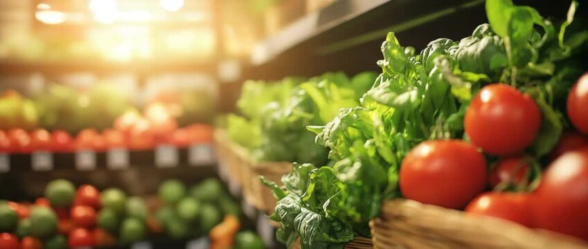 Ripe veggies on store racks with a blurred food sales background