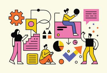 Creative Teamwork and Data Visualization in Modern Digital Workspace – Flat Abstract Vector Illustration.