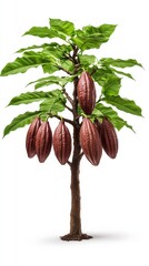A vibrant cocoa tree with large, ripe pods hangs heavy on its branches against a stark white background showcasing its lush green leaves and rich brown fruit ready for harvest.