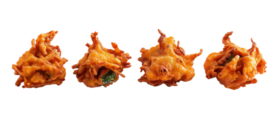 Pack of Crispy Onion Pakoras set of Five Different Poses set Against Transparent Background for Food Packaging, Restaurant Menus, or Culinary Promotions