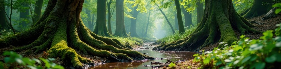 Fototapeta premium Muddy forest with moss-covered trees and twisted roots, mud, tree trunks