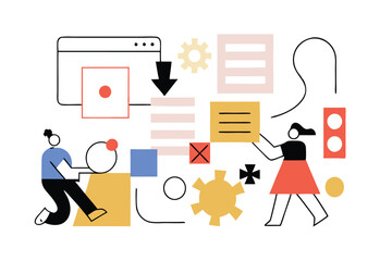 Creative Teamwork and Data Visualization in Modern Digital Workspace – Flat Abstract Vector Illustration.